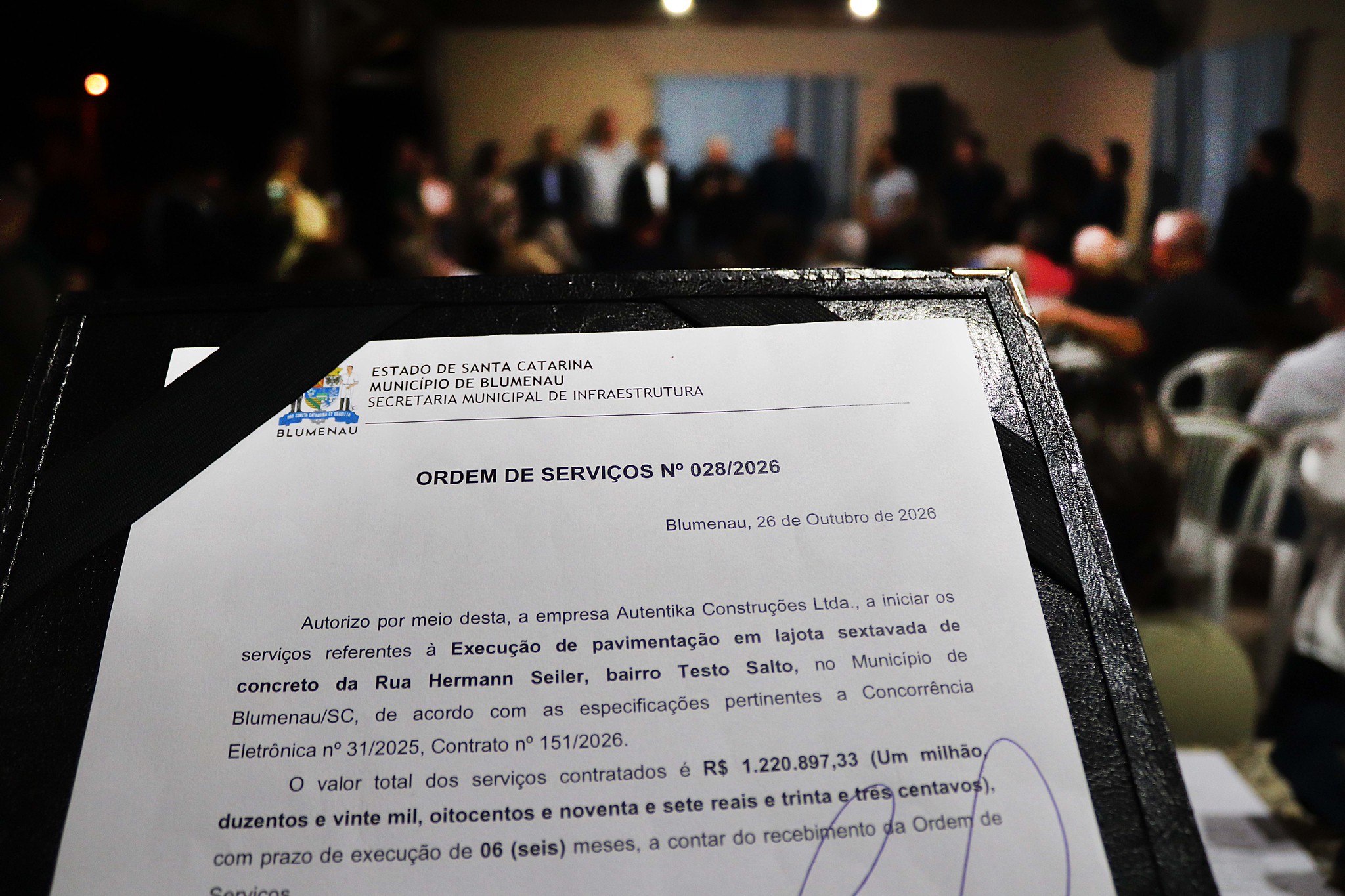Ordem de serviço para pavimentação da Rua Hermann Seiler é assinada nesta quinta-feira, dia 29
