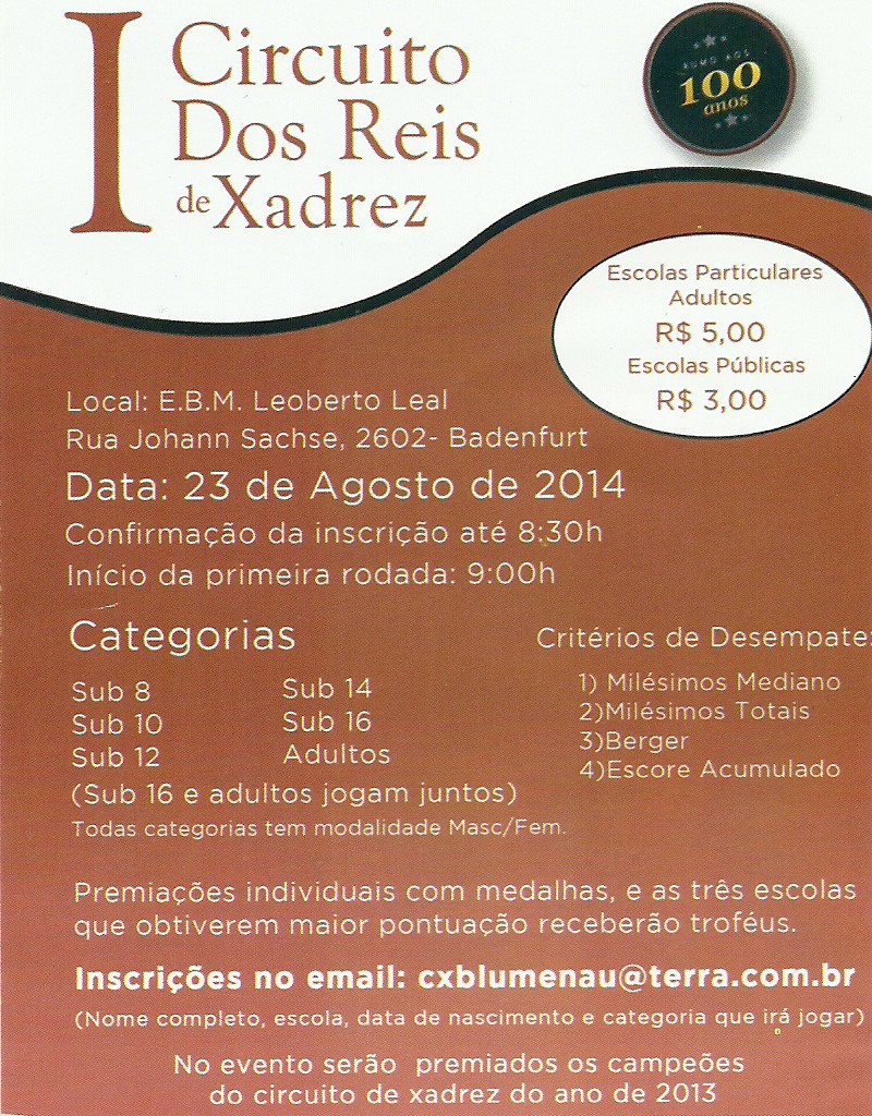 Inscrições abertas para o I Circuito dos Reis de Xadrez na EBM Leoberto Leal