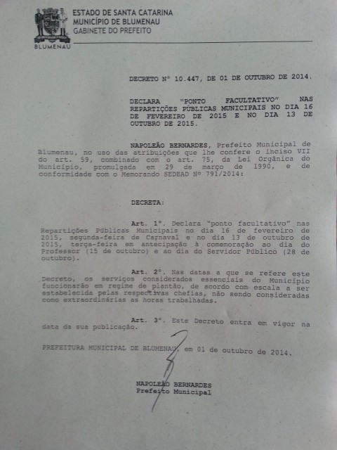 Prefeito assina decreto e corta pontos facultativos