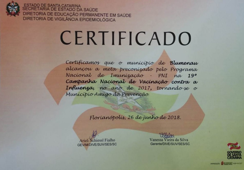 Blumenau é certificada por atingir meta na campanha contra gripe de 2017