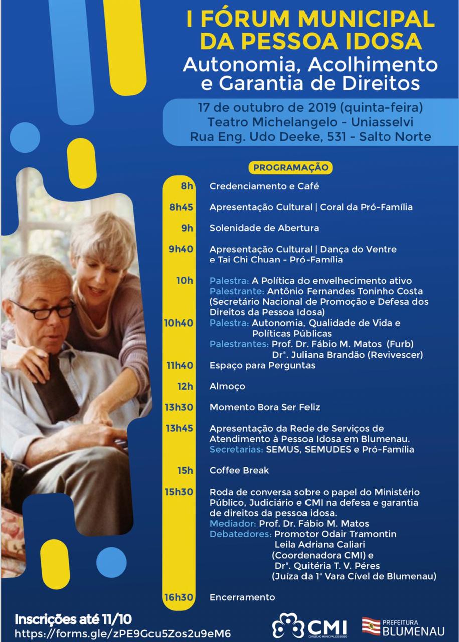 Inscrições abertas para o I Fórum Municipal da Pessoa Idosa de Blumenau