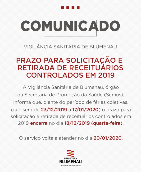 Serviço de receituários controlados funciona até na próxima quarta-feira