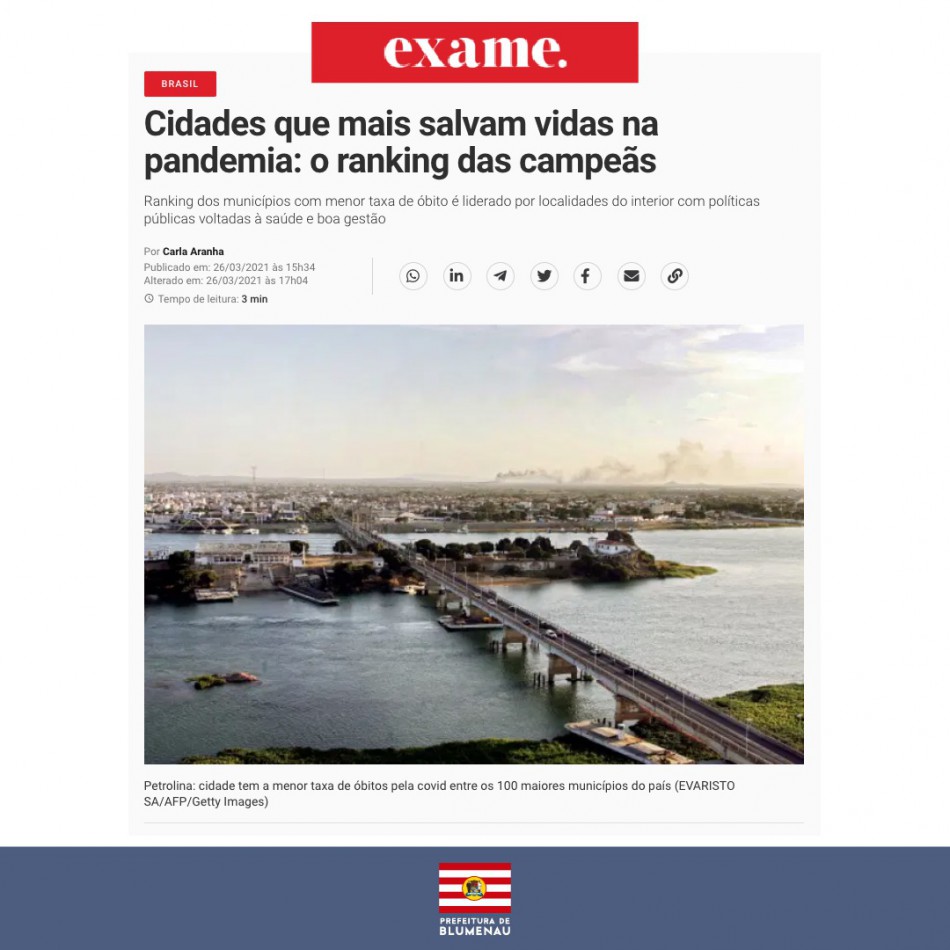Ranking nacional coloca Blumenau entre as cidades com menor índice de mortes pela Covid-19