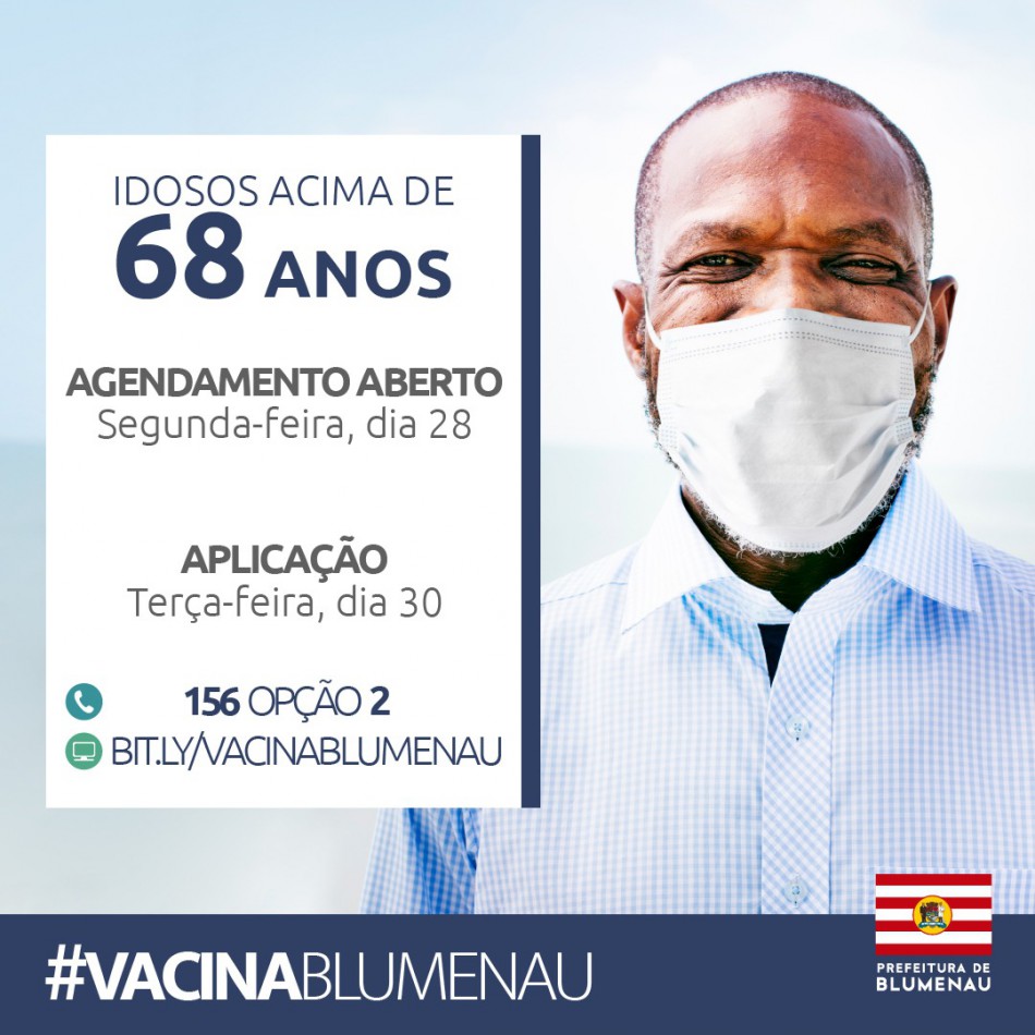 Prefeitura abre agendamento para vacinação contra Covid-19 em idosos com 68 anos ou mais