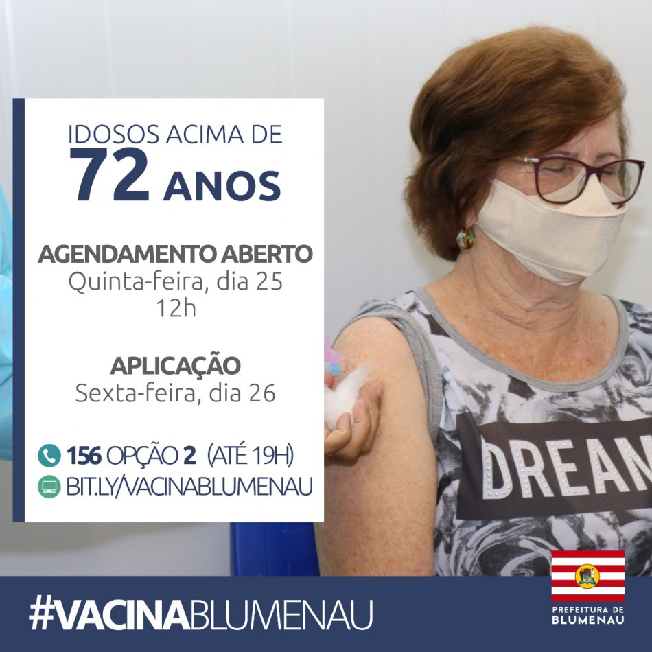 Prefeitura abre agendamento para vacinação contra Covid-19 de idosos com 72 anos ou mais