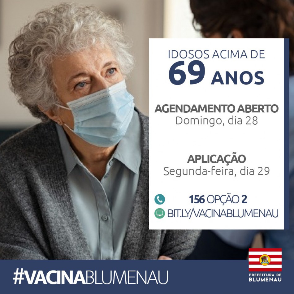 Prefeitura abre agendamento para vacinação contra Covid-19 em idosos com 69 anos ou mais