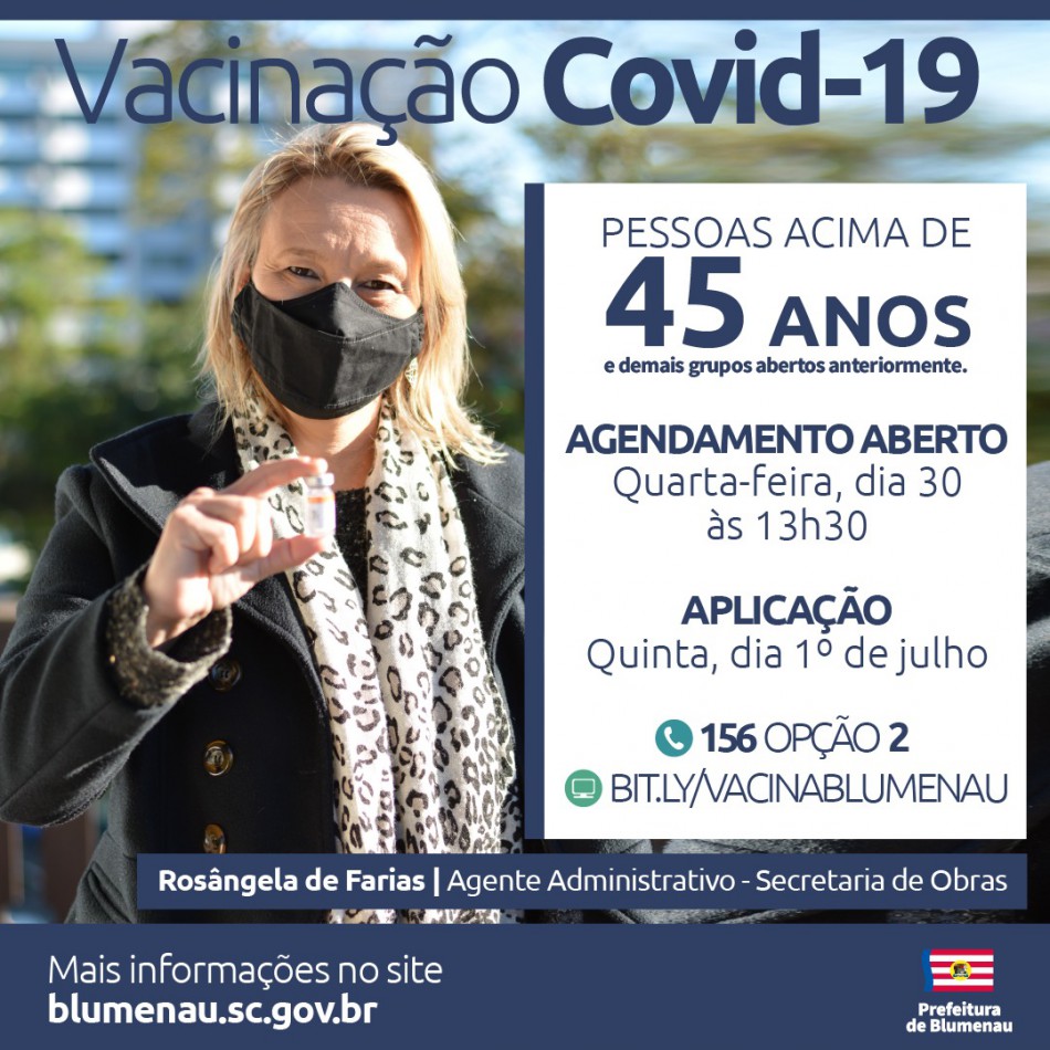 Blumenau reabre agenda de vacinação contra a Covid-19 para pessoas acima dos 45 anos