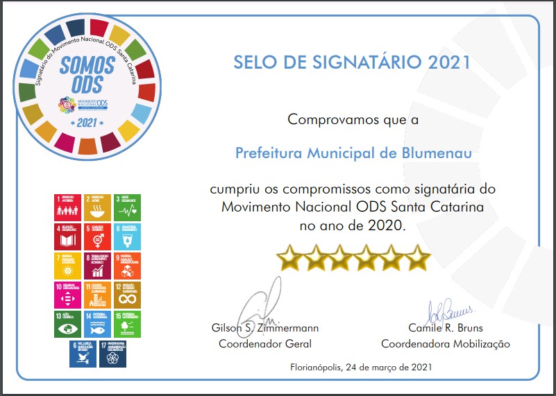 Prefeitura de Blumenau é certificada pelo Movimento ODS