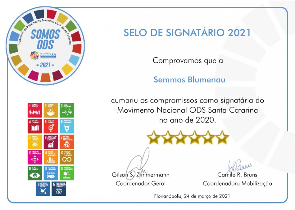Semmas recebe Selo Signatário ODS por boas práticas em prol do desenvolvimento sustentável