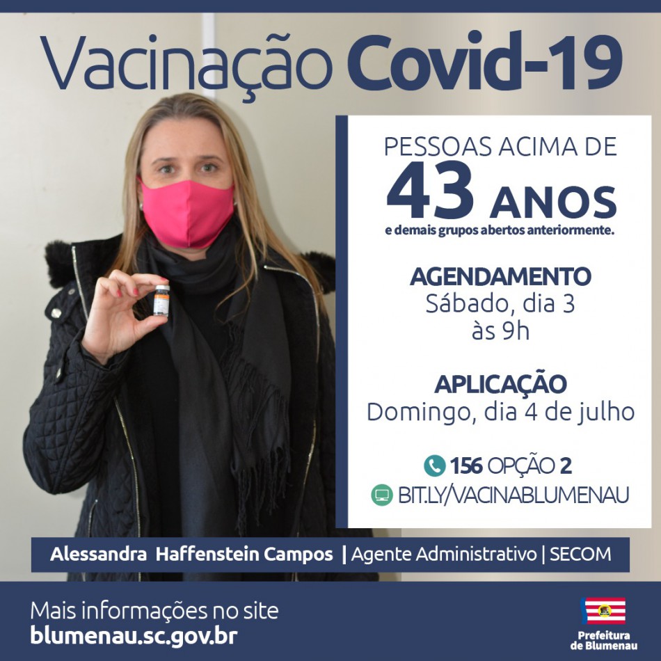 Blumenau amplia agenda de vacinação contra a Covid-19 para pessoas acima dos 43 anos