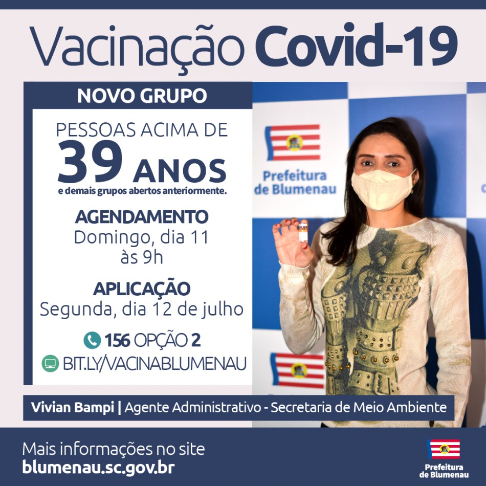 Blumenau amplia vacinação contra a Covid-19 para pessoas acima dos 39 anos