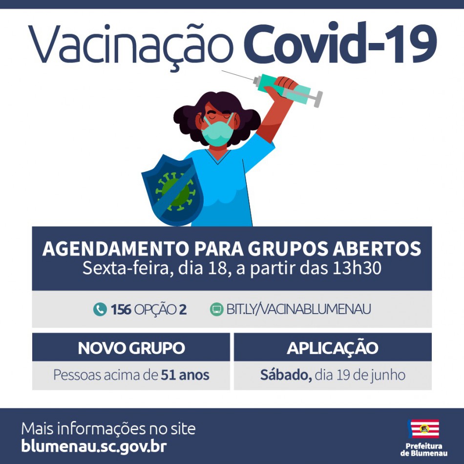 Agenda para vacinação contra a Covid-19 chega aos 51 anos em Blumenau