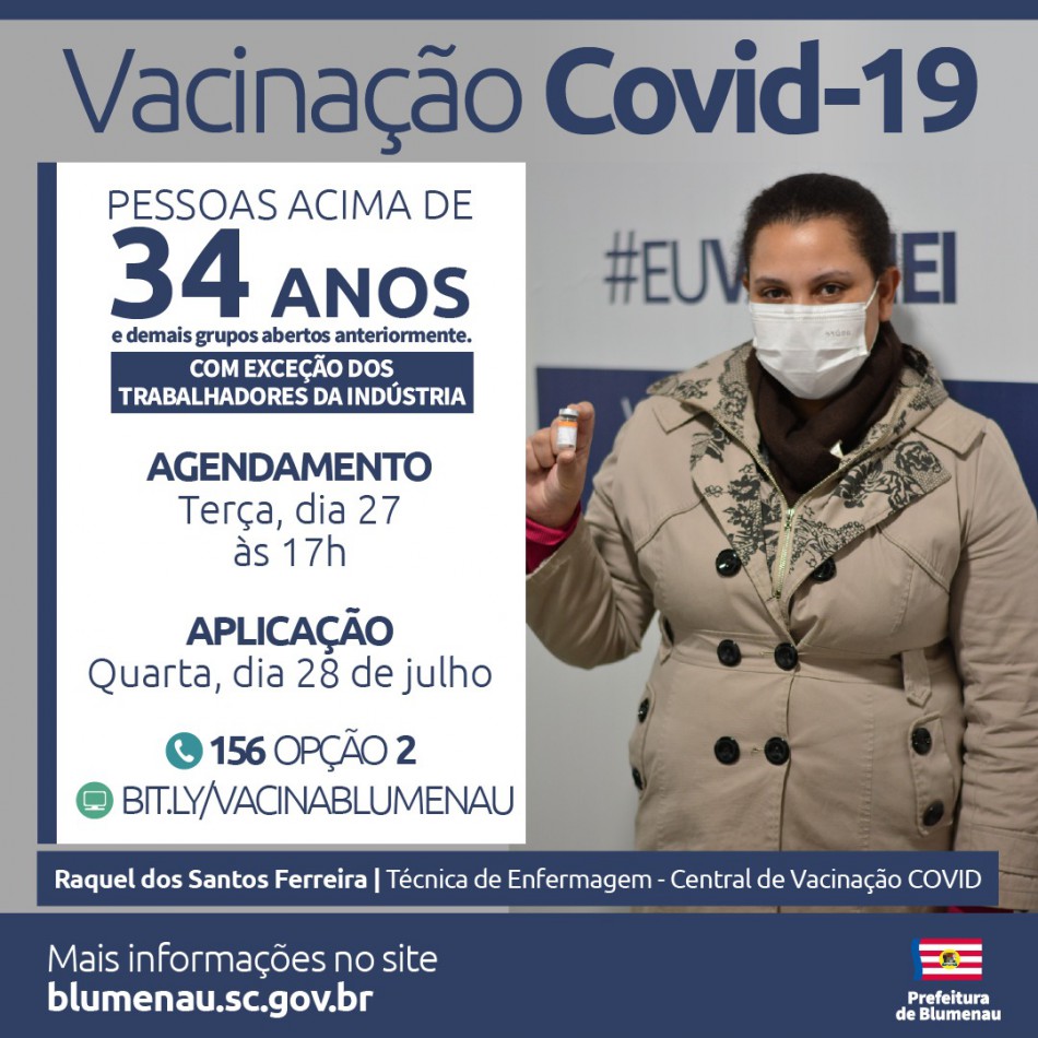 Blumenau reabre agendamento da vacina contra a Covid-19 para pessoas acima dos 34 anos