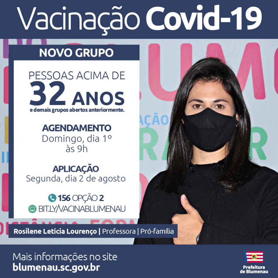 Blumenau amplia agendamento da vacina contra a Covid-19 para pessoas acima dos 32 anos e outros grupos