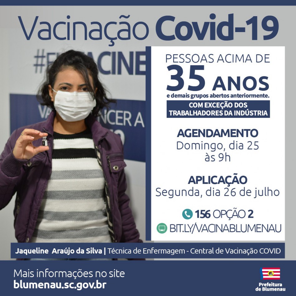 Blumenau reabre agendamento da vacina contra a Covid-19 para pessoas acima dos 35 anos