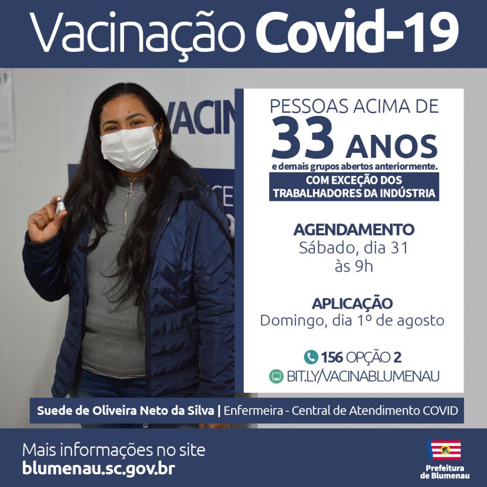 Blumenau reabre agendamento da vacina contra a Covid-19 para pessoas acima dos 33 anos e outros grupos