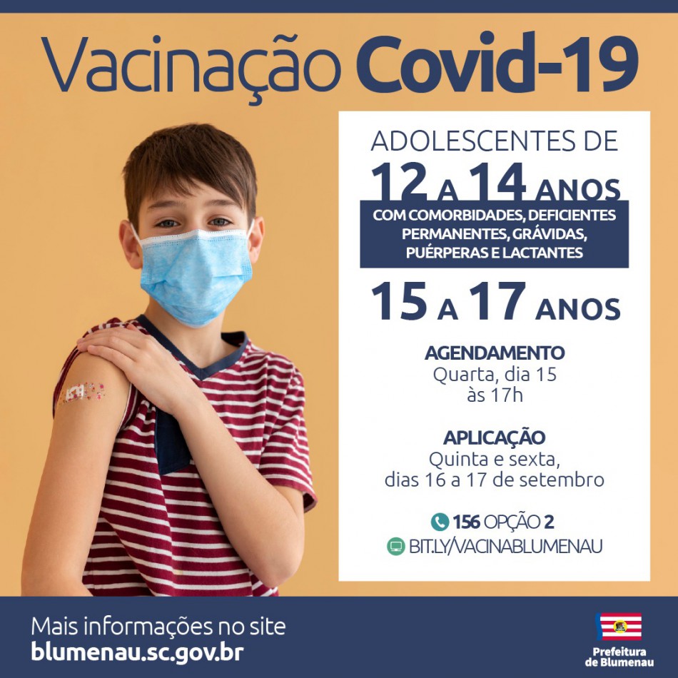 Blumenau amplia agendamento da vacina contra a Covid-19 para pessoas entre 12 e 17 anos em grupos específicos