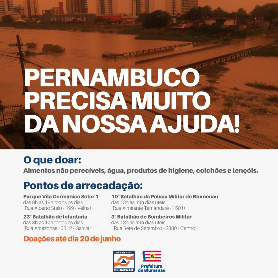 Campanha de arrecadação de donativos a Pernambuco é estendida até o dia 20 de junho