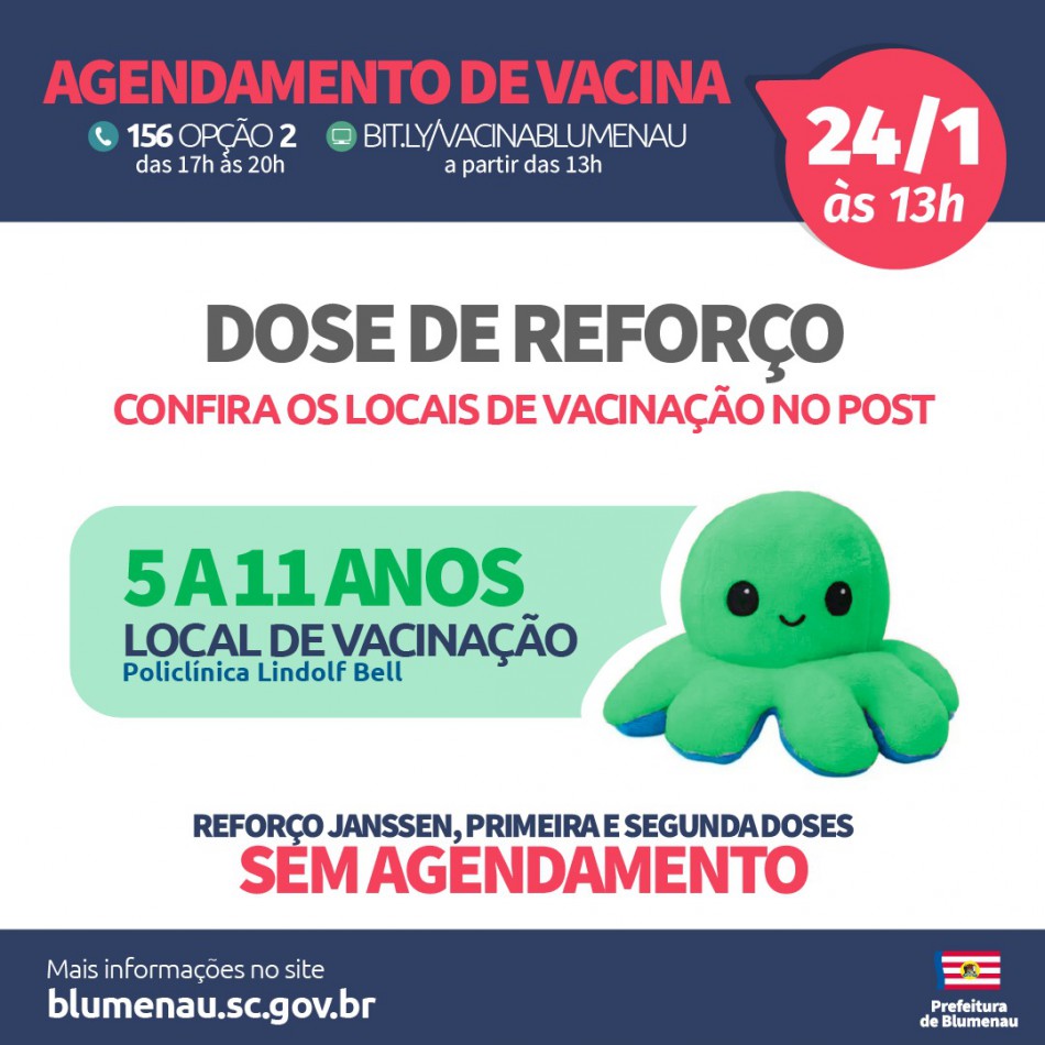 Covid-19: Blumenau reabre agendamento para dose de reforço e amplia vacinação para todas as crianças de 5 anos a 11 anos
