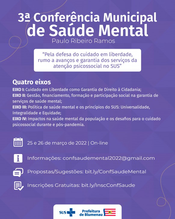 3ª Conferência Municipal de Saúde Mental ocorrerá dias 25 e 26 de março, de forma on-line