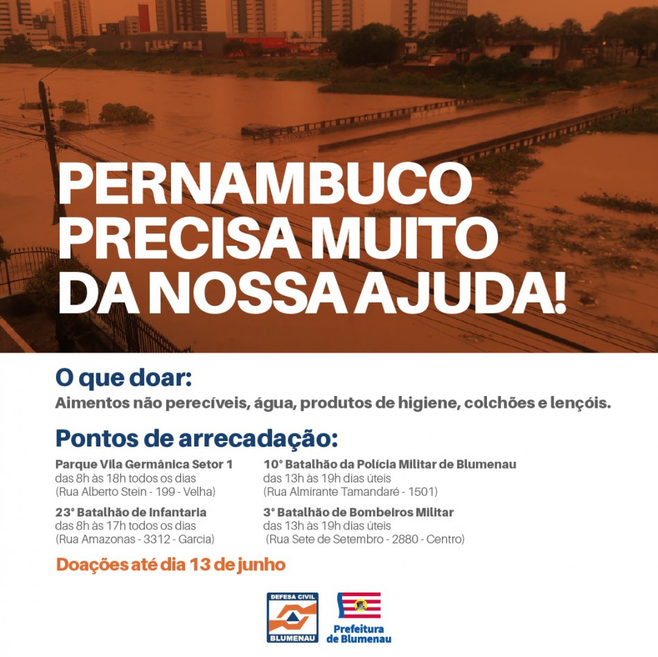 Blumenau lança campanha de arrecadação de donativos a Pernambuco