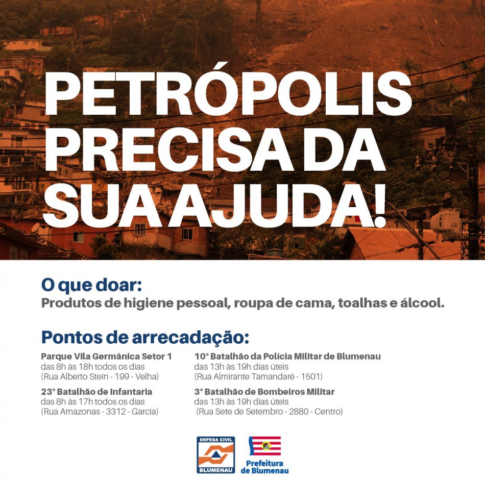 Blumenau coloca quatro locais disponíveis a receberem mantimentos que serão destinados à Petrópolis 