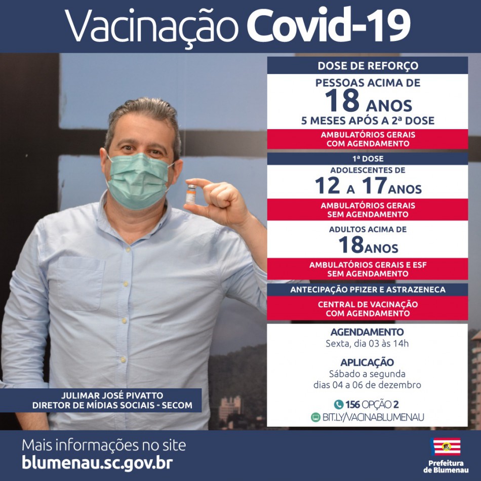 Blumenau reabre agendamento da vacina contra a Covid-19 e disponibiliza vagas sem agendamento para grupos específicos