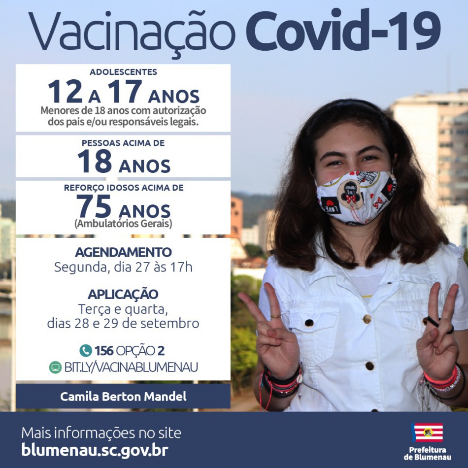 Blumenau reabre agendamento da vacina contra a Covid-19 para pessoas acima de 12 anos, população adulta e reforço para pessoas acima de 75 anos