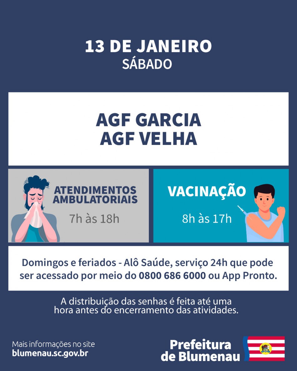 Confira como ficará o atendimento ambulatorial do fim de semana nos AGFs Garcia e Velha