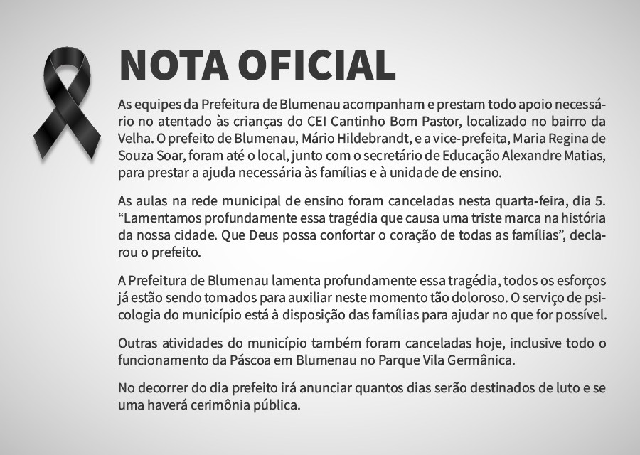 Prefeitura de Blumenau decreta 30 dias de luto oficial por tragédia no CEI Cantinho Bom Pastor