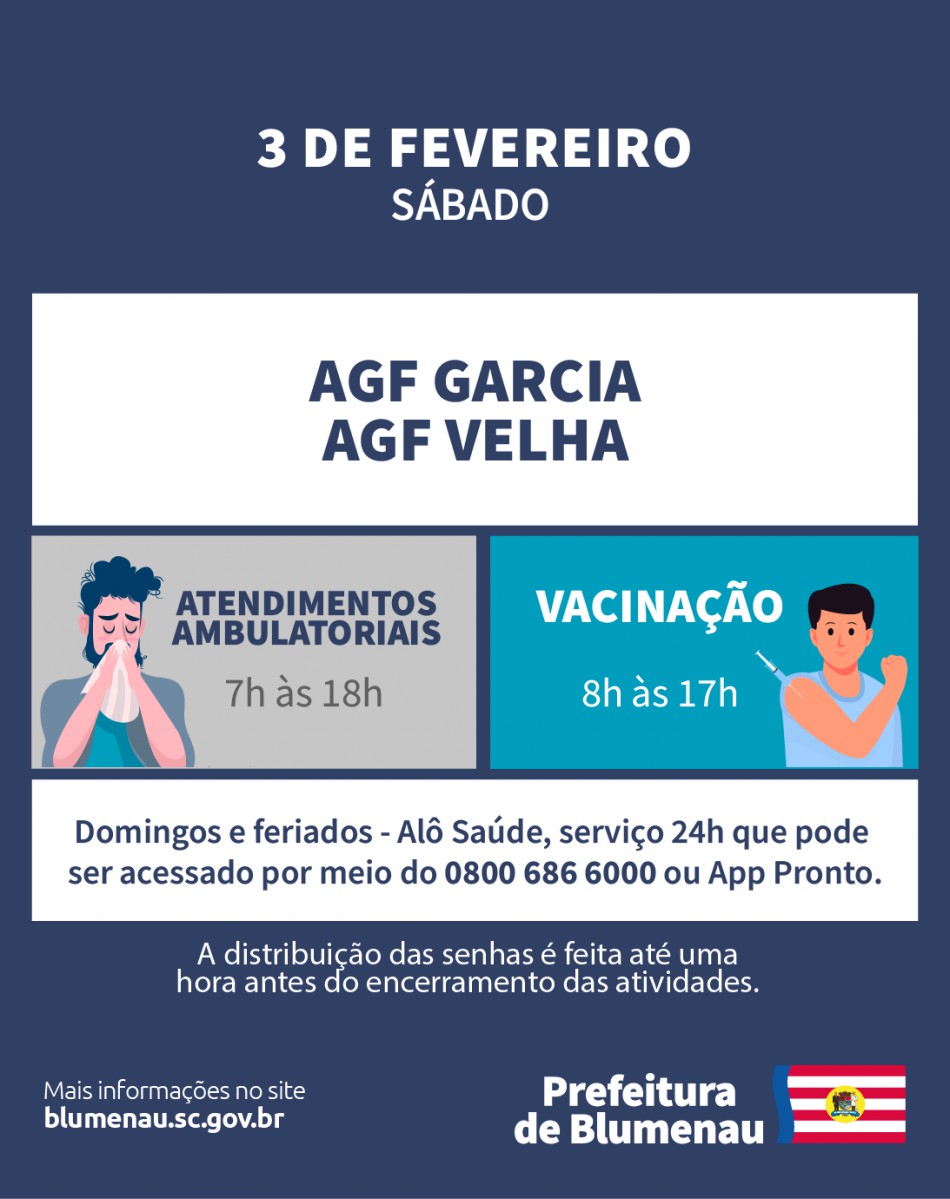 Atendimento na rede pública de saúde segue nos AGFs Garcia e Velha no sábado, dia 3