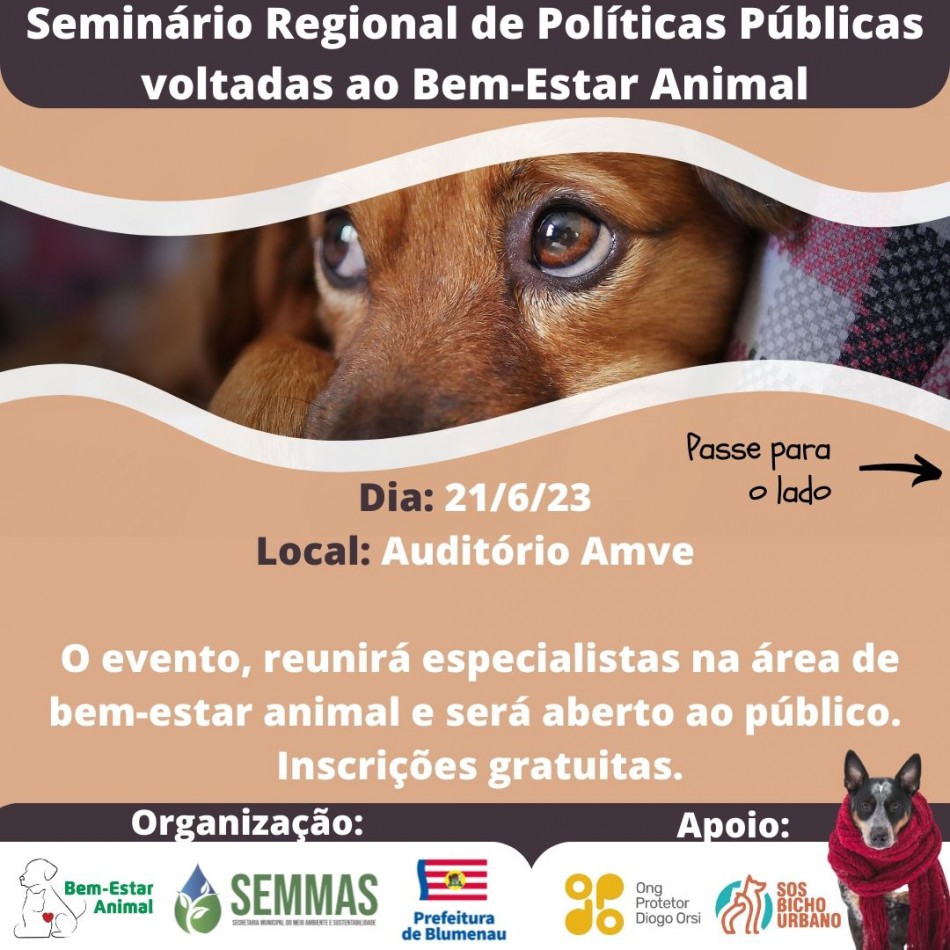 Inscrições abertas para o Seminário Blumenauense de Políticas Públicas voltadas ao Bem-Estar Animal