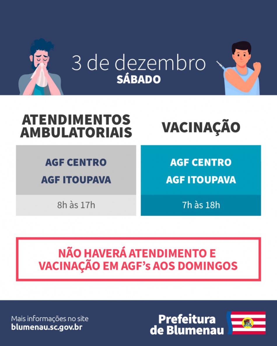 AGFs Centro e Itoupava terão atendimento ambulatorial neste sábado, dia 3