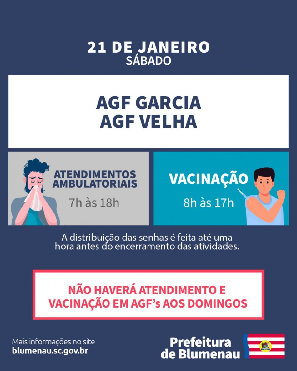 No sábado, dia 21, os atendimentos ambulatoriais seguem nos AGFs Garcia e Velha