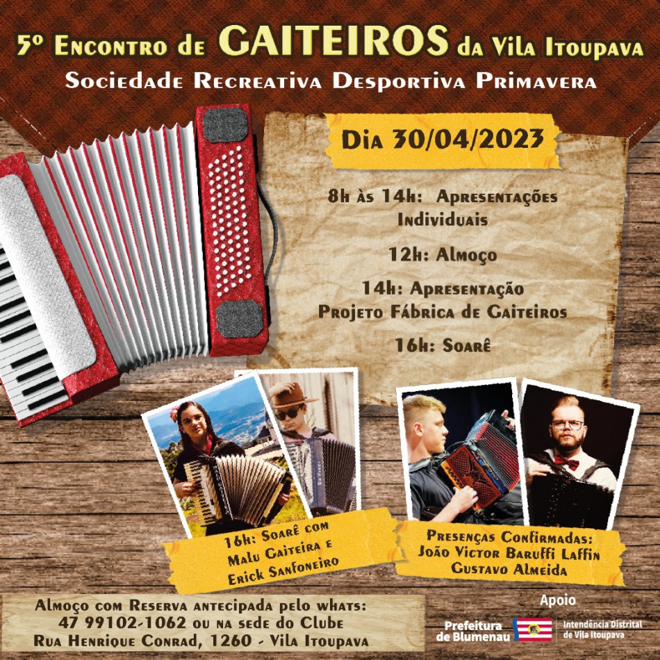 Vila Itoupava sedia 5º Festival de Gaiteiros no próximo domingo, dia 30