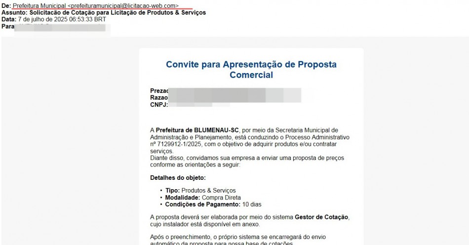 Prefeitura de Blumenau alerta sobre tentativa de golpe
