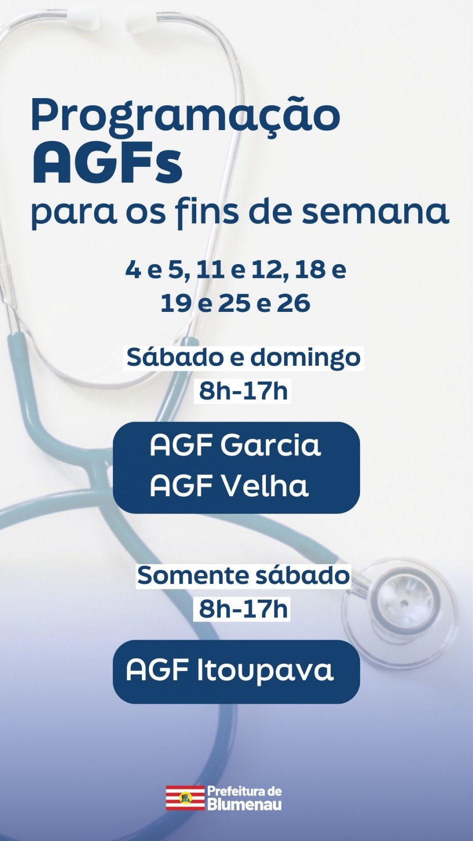 Para outubro, os AGFs Velha, Garcia e Itoupava seguem atendendo nos fins de semana