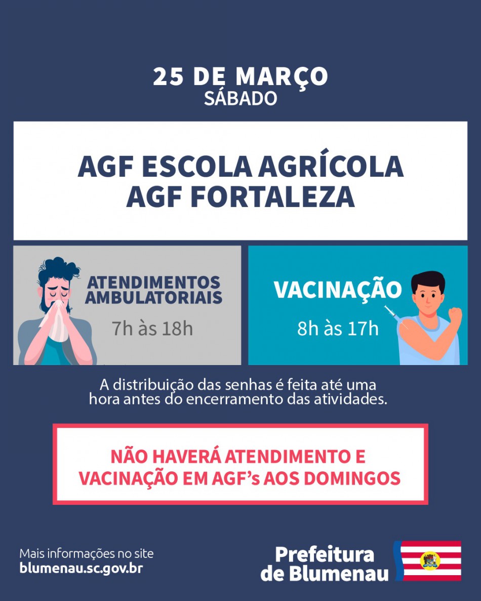 Atendimento ambulatorial deste sábado, dia 25, segue concentrado nos AGFs Escola Agrícola e Fortaleza