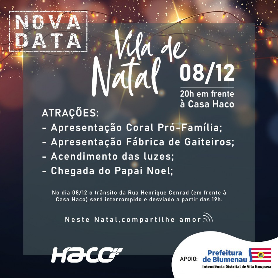 Evento de Natal na Vila Itoupava ocorre nesta quinta-feira, dia 8