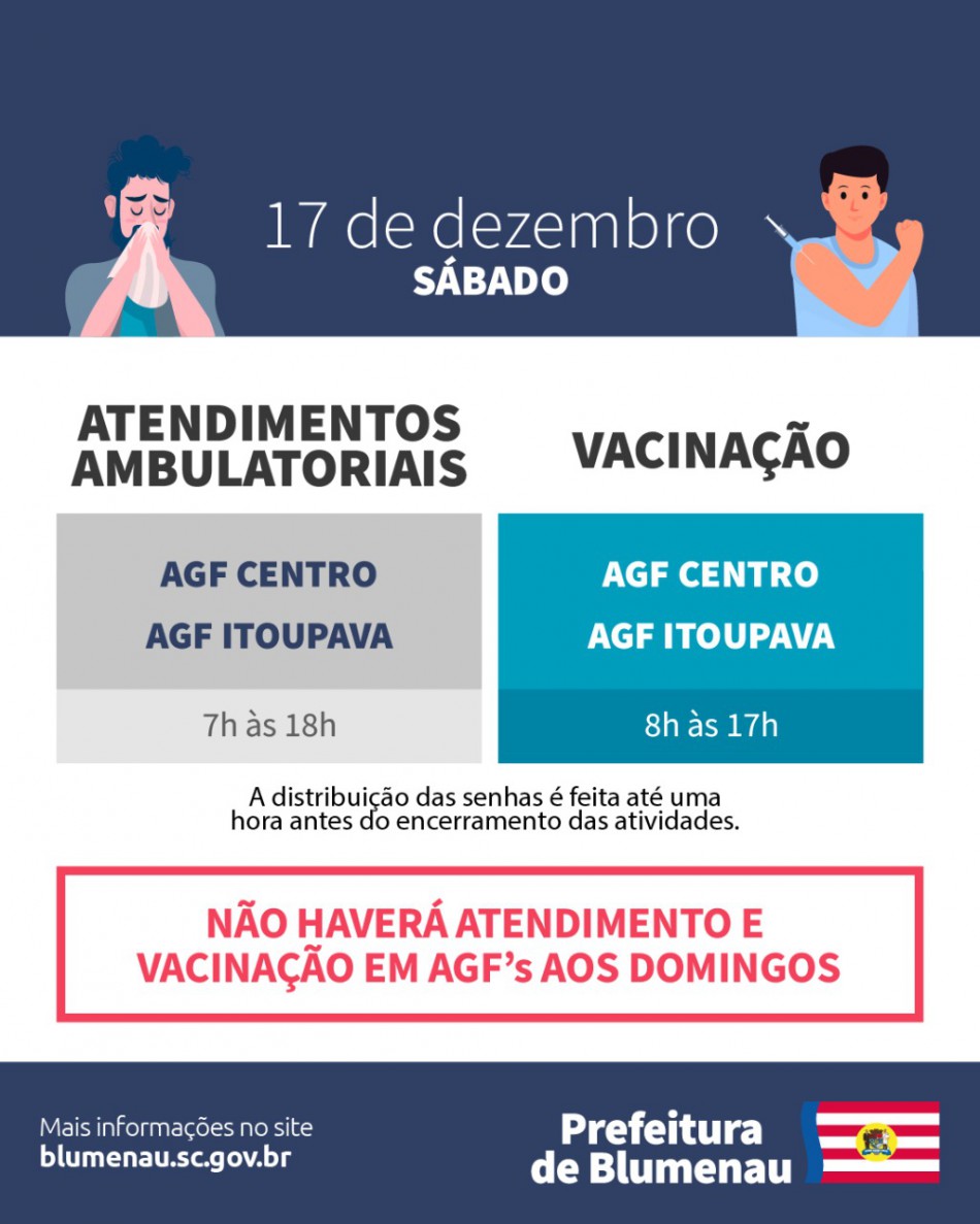 Sábado, dia 17 de dezembro, os AGFs Centro e Itoupava terão atendimento ambulatorial
