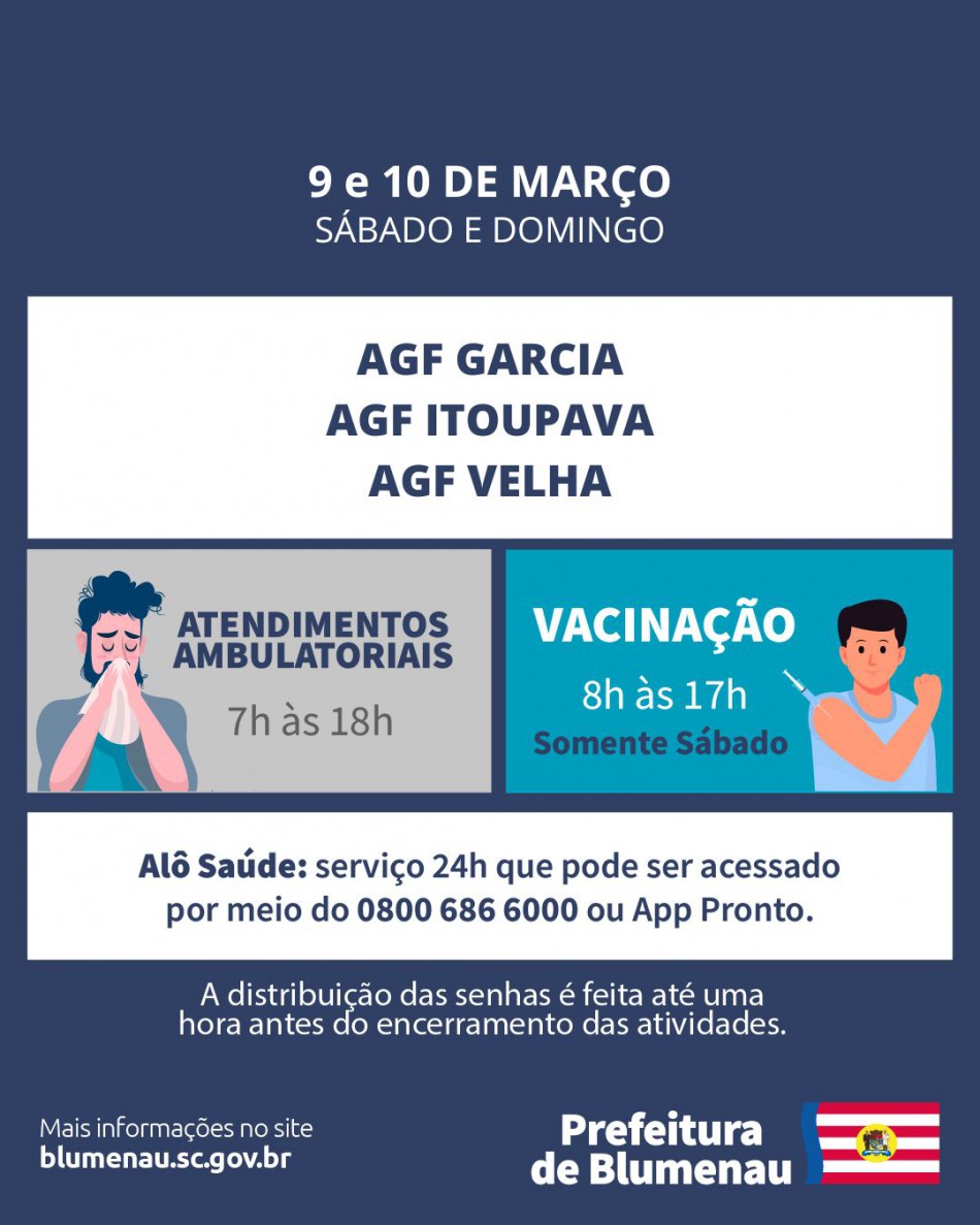 AGFs Garcia, Velha e Itoupava seguem o atendimento no fim de semana