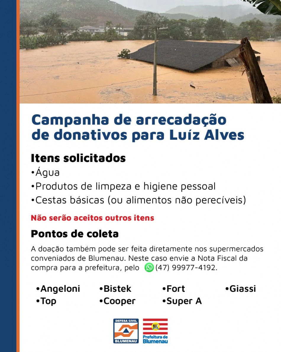 Blumenau organiza campanha de donativos para ajudar atingidos pelas chuvas de Luiz Alves