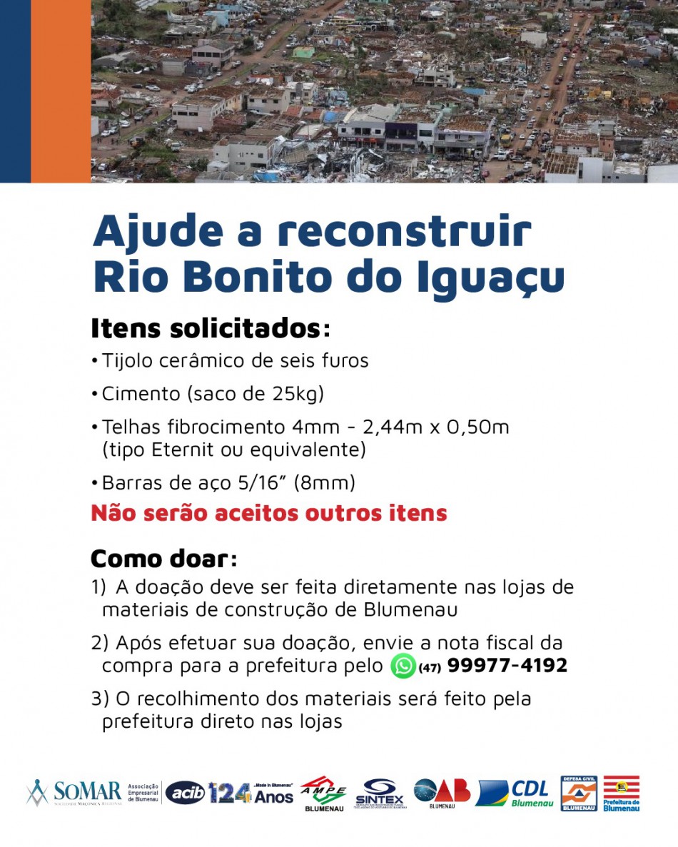 Blumenau organiza campanha para enviar material de construção para cidade paranaense atingida por tornado